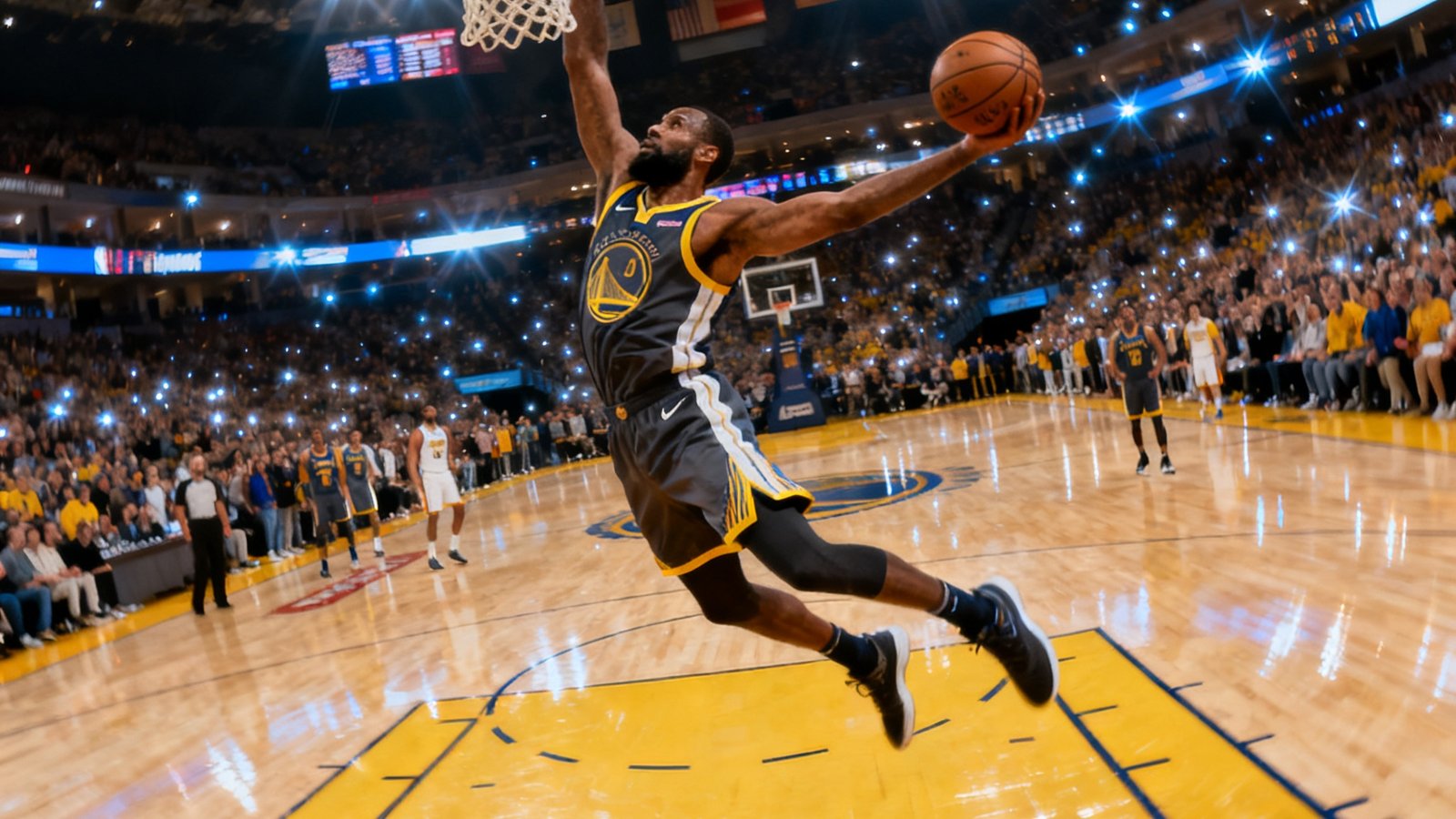 NBA篮球比赛现场，球员飞身扣篮瞬间，地板反光与观众闪光灯交织